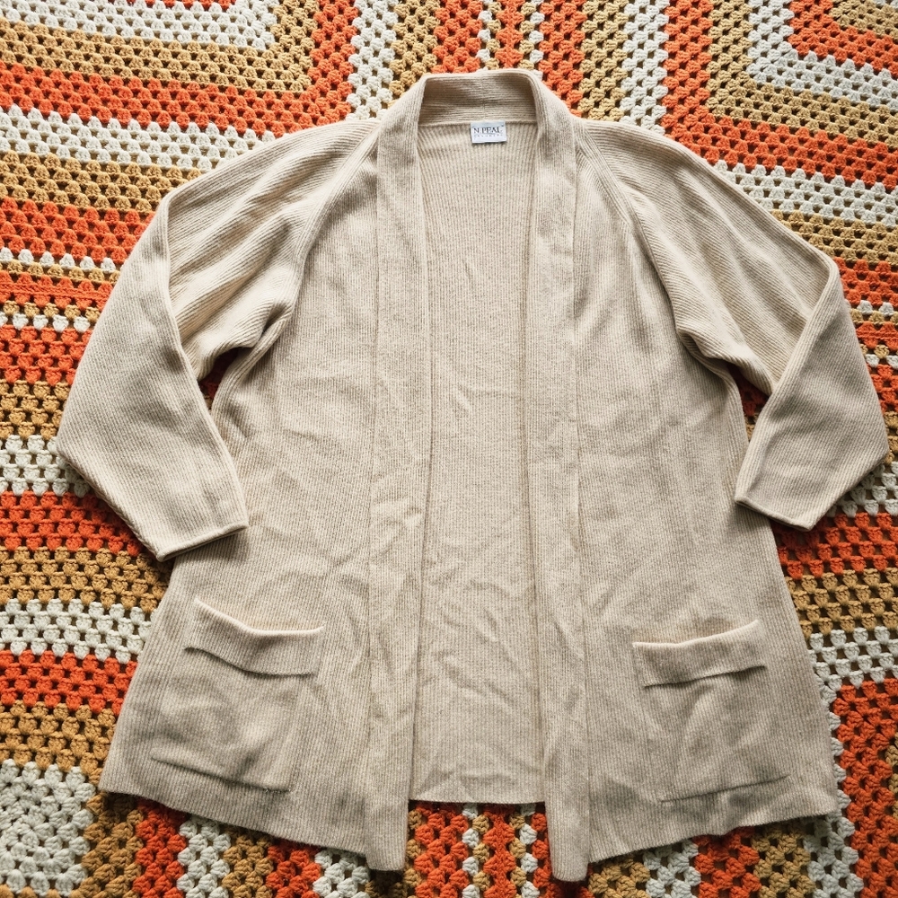 N. Peal 100% Cashmere Luxury Ribbed Long Cardigan Made in Scotland Neutral Beige